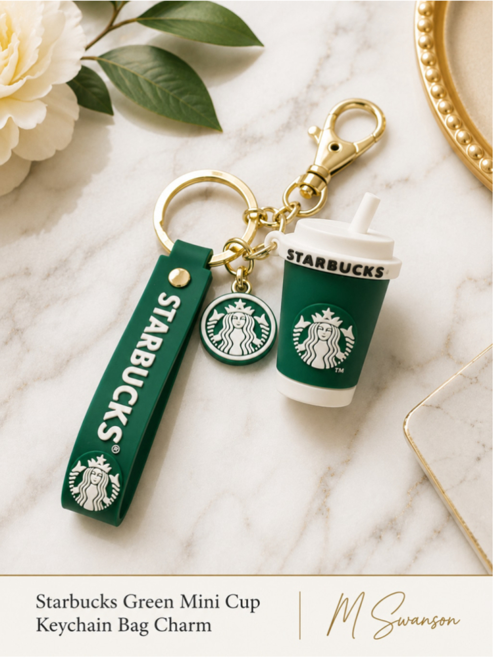 Starbucks Mini Cold Cup Wristlet Keychain Bag Charm Green Gold